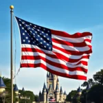 Eine große amerikanische Flagge weht vor einem klaren blauen Himmel. Im Hintergrund ist ein Schloss im Stil einer Märchenburg zu sehen, das von kleineren Türmen und Bäumen umgeben ist.