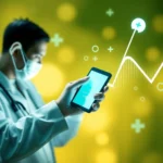 Ein Arzt in einem weißen Kittel und einer Maske hält ein Smartphone in der Hand, auf dessen Bildschirm eine Grafik mit Vitalwerten und medizinischen Symbolen zu sehen ist.
