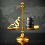 Eine goldene Waage mit einem Dollarzeichen und einem aufwärts gerichteten Chart auf der linken Seite und einem Ölfass und einem Goldbarren auf der rechten Seite, vor einem stilisierten Weltkartenhintergrund.