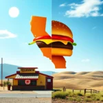 Eine stilistische Darstellung der Form von Kalifornien als riesiger Burger, der vor einem hellblauen Himmel mit Wolken und einer Sonne schwebt. Unterhalb des Burgers befindet sich ein kleines, gelb gestrichenes Gebäude mit einem roten Schild mit der Aufschrift "KEILOVAYN", das auf eine Restaurantfassade hinweist. Die linke Seite des Bildes zeigt einen Blick auf ein trockenes, hügeliges Gelände mit Bergen am Horizont, während die rechte Seite eine ähnliche Wüstenlandschaft mit sanften, welligen Hügeln und einem Zaun im Vordergrund zeigt.