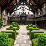 Ein Innenhof mit gepflegten Buchsbaumbeständen, symmetrisch angeordnet, vor einem mehrstöckigen Gebäude im Tudorstil mit dunklen Holzbalken und roten Ziegeldächern. Der Innenhof ist mit großformatigen grauen und beigen Steinplatten ausgelegt. Über dem Hof wölbt sich eine aufwendige Holzkonstruktion mit sichtbaren Dachbalken und einem Kronleuchter in der Mitte.