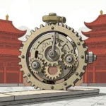 Ein großes, zahnradförmiges Uhrwerk steht im Vordergrund, das von zwei traditionellen asiatischen Pagoden mit roten Dächern eingerahmt wird.