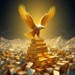 Ein goldener Adler thront auf einem Haufen Goldbarren vor einer Bergkulisse.