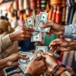 Mehrere Hände geben und empfangen Dollarnoten und Münzen in einer Transaktion vor einem unscharfen Hintergrund mit bunten Stoffen.