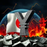 Ein riesiges chinesisches Yuan-Symbol steht vor der japanischen Flagge, dahinter eine glühende Erde mit einer aufwärts gerichteten Grafik und einem japanischen Tempel im Hintergrund, der von Flammen und einer Stadt umgeben ist, während unten ein Haufen amerikanischer Dollar liegt.