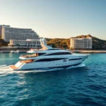 Eine luxuriöse weiße Yacht fährt auf türkisfarbenem Wasser, mit modernen Hotels im Hintergrund unter einem klaren blauen Himmel.