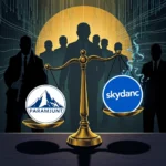 Eine Waage mit den Logos von Paramount und Skydance auf den Schalen. Silhouetten von Männern im Hintergrund.