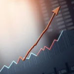 Eine rote Pfeillinie, die einen Aufwärtstrend darstellt, überlagert einen grafischen Balkenchart, der mit einer hellen Lichtquelle über der linken oberen Ecke beleuchtet wird.
