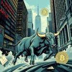 Ein grüner Bitcoin-Bulle stürmt durch New York City mit dem Empire State Building im Hintergrund.