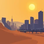 Eine stilisierte Zeichnung einer Wüstenlandschaft mit einer Stadtsilhouette im Hintergrund unter einem orangefarbenen Himmel mit einer hellgelben Sonne.
