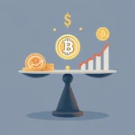 Eine Waage mit zwei Schalen. Auf der linken Schale liegen einige Bitcoin-Münzen und eine Grafik mit fallender Tendenz. Auf der rechten Schale befindet sich eine Bitcoin-Münze und eine aufsteigende Grafik, die den Wert widerspiegelt. Ein Dollarzeichen schwebt über der Waage.