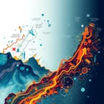 Abstrakte Darstellung eines steigenden orangefarbenen Graphen, der sich durch eine bergige, blaue Landschaft schlängelt, mit kreisförmigen Datenpunkten, Verbindungen und Technologieelementen wie Zahnrädern und Symbolen.