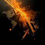 Ein stilisiertes Bild einer Weltkarte mit einem goldenen Weizenhalm und einer Wolke aus orangefarbenem Glanz, die über Nord- und Südamerika und Afrika schweben.
