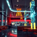 Ein modernes McDonald's-Restaurant mit leuchtenden roten und gelben Lichtern, die das ikonische "M"-Logo hervorheben. Im Hintergrund sind digitale Displays zu sehen, die eine futuristische Atmosphäre schaffen.