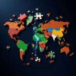 Ein Weltkarten-Puzzle mit vielen bunten Puzzleteilen, die verschiedene Länder und Kontinente darstellen. Einige Teile sind noch nicht richtig eingesetzt, und einige liegen verstreut um die Karte herum.