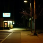 Ein beleuchtetes Straßenschild über einem Laden in der Nacht mit einer Baumkrone, die Schatten auf den Bürgersteig wirft.