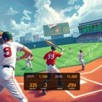 Ein Baseballspiel mit Spielern auf dem Spielfeld und einer Anzeigetafel im Hintergrund, die Finanzdaten anzeigt.