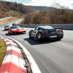 Drei Supersportwagen, ein schwarzer Chevrolet Corvette, ein roter und ein weiterer roter Sportwagen, rasen eine Rennstrecke entlang, die von Gras und Bäumen gesäumt ist.