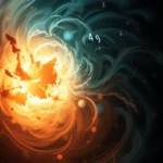 Ein globaler Wirbel aus feurigem Orange und kühlem Türkis, der die Erde zu umschlingen scheint, mit auf sie projizierten abstrakten Grafiken und Symbolen, die wie ein Fluss der Daten oder eine Vorhersage erscheinen.