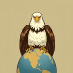 Ein Adler mit einer weißen und braunen Färbung sitzt mit ausgebreiteten Flügeln und scharfen Krallen auf der Spitze eines stilisierten Globus, auf dem Afrika und Europa zu sehen sind.