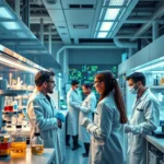 W laboratorium badawczym lekarze w białych fartuchach rozmawiają przy stole laboratoryjnym z pojemnikami na chemikalia.