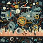 Collage aus stilisierten Symbolen und Grafiken zum Thema Finanzen und Wirtschaft, die sich über einer Weltkarte erstrecken. In der Mitte dominiert ein großes, orangefarbenes Zahnrad mit einem Dollarzeichen, umgeben von kleineren Zahnrädern und Diagrammen. Links sind ein Flugzeug, eine Uhr und eine Aufwärtskurve zu sehen, rechts ein Bitcoin-Symbol und eine Fabrik. Im unteren Bereich befinden sich ein Flussdiagramm, Gebäude und ein Mann, der auf die Wirtschaft blickt. Die Farbpalette ist dunkel gehalten mit Akzenten in Orange, Gelb und Weiß.
