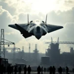 Ein Stealth-Kampfjet fliegt über eine Industrieanlage mit vielen Menschen am Boden.
