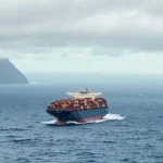 Ein Containerschiff fährt durch das Meer unter einem bewölkten Himmel mit einer Bergküste im Hintergrund.