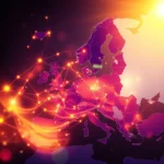 Eine stilisierte Darstellung Europas als digitale Weltkarte mit leuchtend orangen und pinken Linien, die Städte und Verbindungen über den Kontinent hinweg darstellen, vor einem dunklen Hintergrund mit einem hellen Sonnenaufgang im oberen rechten Bereich.