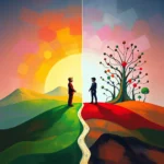 Zwei Männer in Anzügen stehen sich auf einer Hügellandschaft gegenüber, getrennt durch eine vertikale Linie. Auf der linken Seite der Linie ist eine sonnenbeschienene Landschaft mit grünen Hügeln und einer großen Sonne am Himmel zu sehen. Der Mann auf der linken Seite trägt einen roten Anzug. Auf der rechten Seite der Linie ist eine surrealere Landschaft mit einem Baum, der bunte Kugeln trägt, und die Farben sind gedämpfter. Der Mann auf der rechten Seite trägt einen dunkelblauen Anzug. Der Himmel ist in beiden Szenen mit bunten, abstrakten Formen gefüllt.
