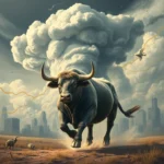 Ein mächtiger schwarzer Bulle galoppiert über eine staubige Ebene, vor ihm türmen sich dramatische weiße Wolken auf, im Hintergrund ist eine Stadtkulisse zu sehen.