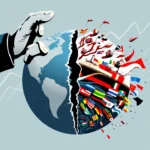 Ein zerrissener Globus, auf dessen linker Seite eine menschliche Hand wie eine Geste der Kontrolle oder Zerstörung zu sehen ist, während die rechte Seite eine stilisierte Darstellung eines Containerschiffs mit vielen Flaggen verschiedener Länder, die daraus hervorkommen und im Meer treiben, zeigt.