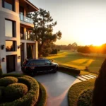 Ein schwarzer SUV steht auf einer Auffahrt vor einem modernen Haus mit Glasbalkonen, daneben ist ein Golfplatz im goldenen Licht der untergehenden Sonne zu sehen.