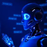 Ein futuristischer Roboter mit blauen Lichtern und einem auffälligen, leuchtenden Auge, das in eine virtuelle Konversation mit Sprechblasen vertieft ist.