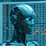 Ein humanoider Roboter mit leuchtenden blauen Augen steht vor einer Tabelle mit Finanzdaten.
