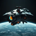 Ein futuristisches Kriegsschiff schwebt über einer blau-weißen Erde im Weltraum, beleuchtet von orangen Lichtern und einem leuchtenden blauen und orangen Ring um ein großes Objektiv.