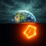 Eine Darstellung der Erde, halb unter Wasser, mit einer glühenden, orangefarbenen Tafel, die darunter im dunklen Wasser schwebt.