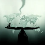 Eine Weltkarte, die auf einer Waage balanciert, mit einer Ölplattform auf der einen Seite und Rauch, der von der anderen Seite aufsteigt, was die Auswirkungen von Ölförderung und -verbrauch auf die Welt symbolisiert.