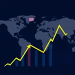 Eine Weltkarte mit einer amerikanischen Flagge in Nordamerika, überlagert von einem steigenden gelben Pfeil und Balkendiagramm, das auf ein globales Wirtschaftswachstum hindeutet.