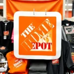 Ein Schild mit dem Logo von The Home Depot hängt über orangefarbenen und schwarzen T-Shirts.